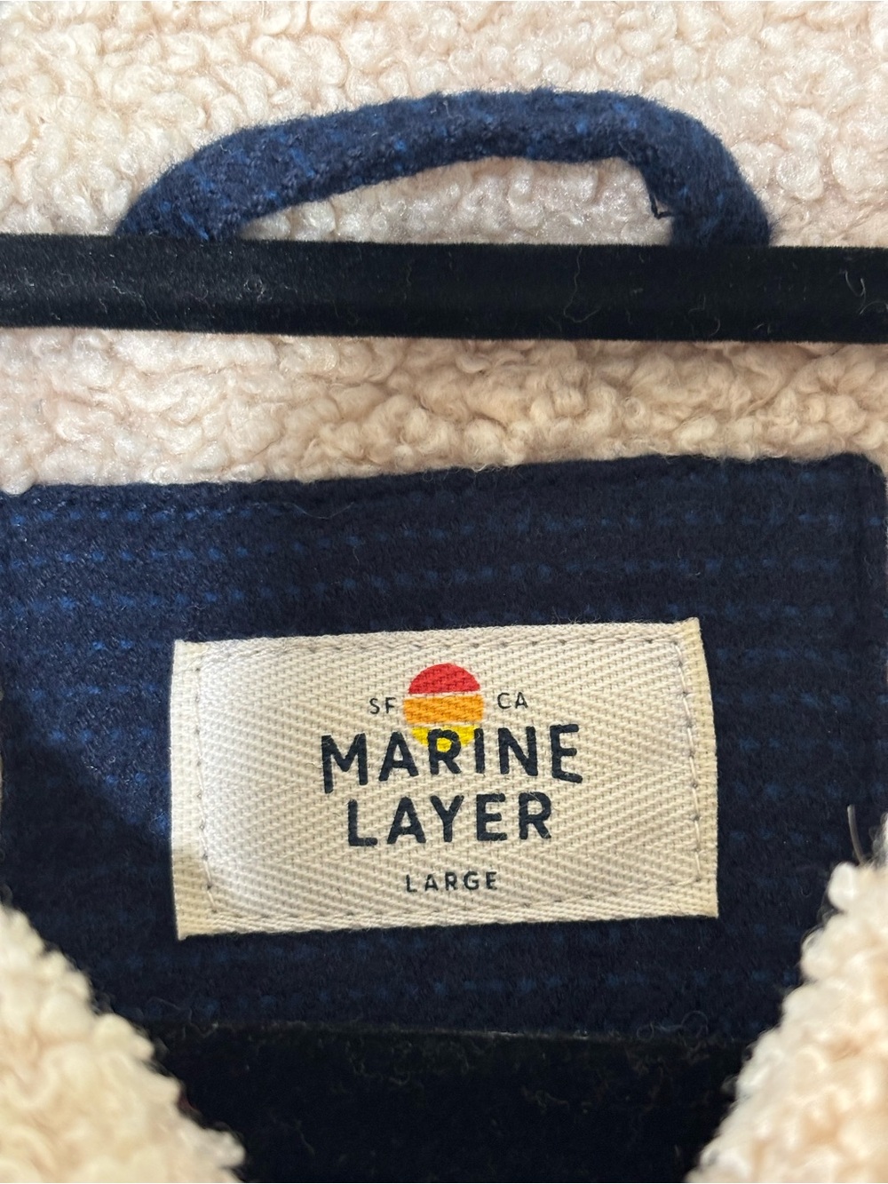 Marine Layer Sherpa Lined Camping Shirt Jacket Size Large Navy Cotton Fleece - Picture 9 of 15